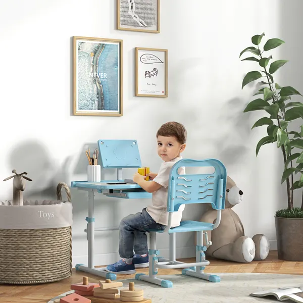 Conjunto de Secretária e Cadeira para Crianças de 6-12 Anos Secretária para Crianças com Altura Ajustável com 1 Gaveta Prateleira para Livros e Ângulo da Mesa Ajustável 80x49,5x82-104 cm Azul e Branco