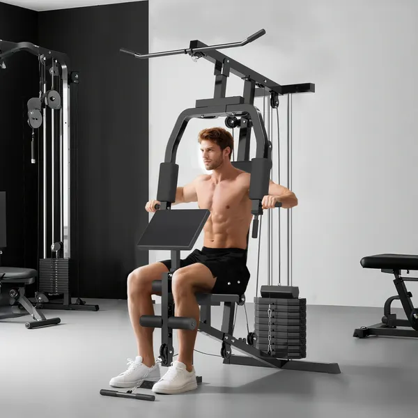 Máquina Multi Estação de Musculação Máquina de Musculação com Estribo para Pernas e Placas de Peso de 45kg para Treinamento Fitness em Casa Academia 148x108x207cm Preto