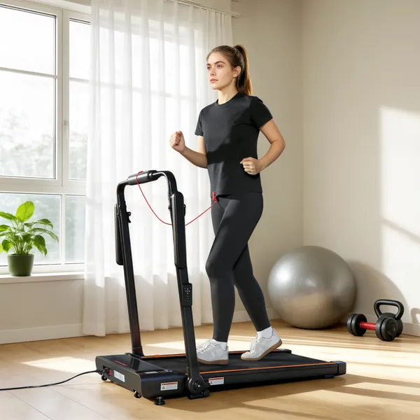 Pasadora plegable 2 en 1, Caminadora eléctrica 1-12 KM/H 2.5HP con secretaria remota y guíador ajustable en Altura, Pantalla led y Soporte para Telemóvel, Casa y Oficina