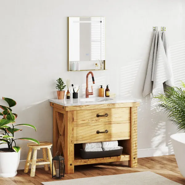 Specchio Bagno LED Antiappannamento 3 Colori Luce Regolabile Cornice Alluminio con Ripiano 80x60cm Oro