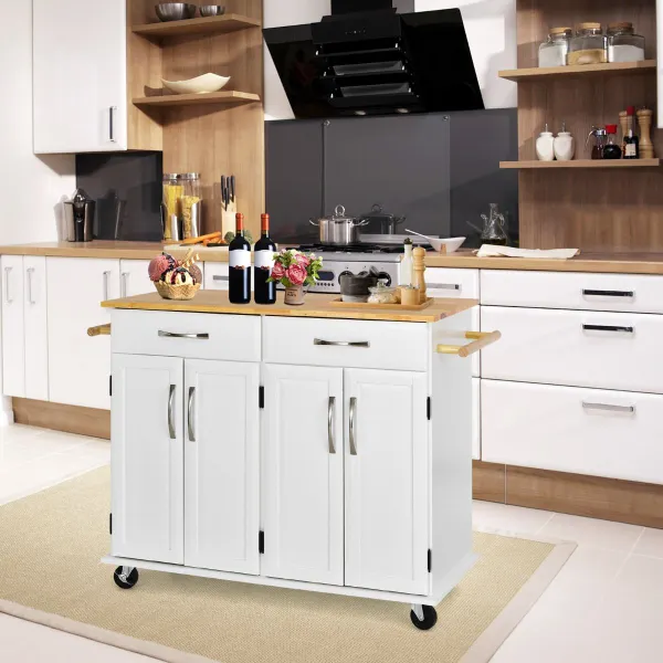 Carrinho de Cozinha com Tampo de Madeira Estantes Ajustáveis 2 Gavetas 122x48x92,5cm