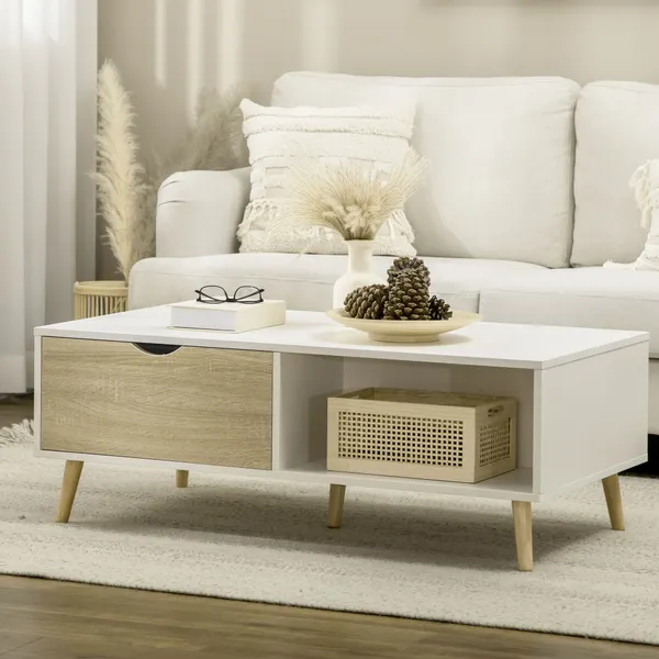 Mesa de Centro Retangular Mesa de Sala de Estar com 2 Gavetas e Compartimentos Abertos Estilo Nórdico para Escritório Dormitório Estúdio 106x58x39,5cm Branco e Madeira