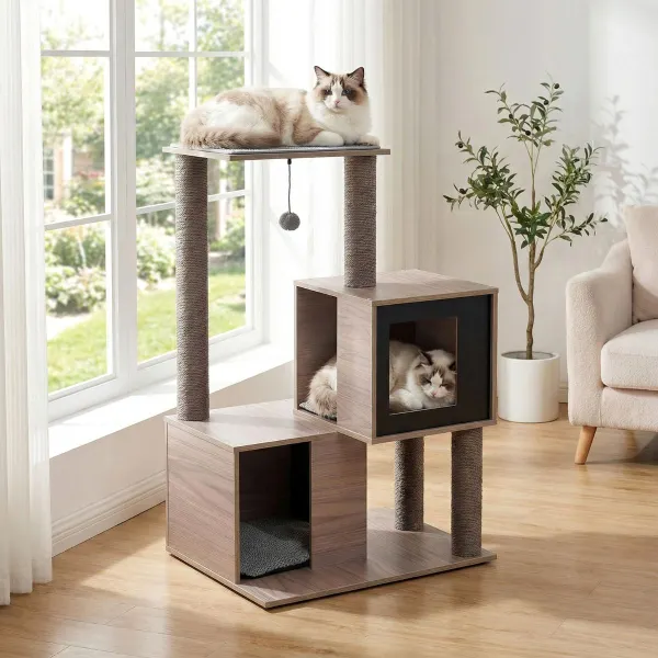 Árbol Moderno para Gatos 93cm Torre Madera Multinivel Postes Sisal Condominios Cojines Gris y Negro
