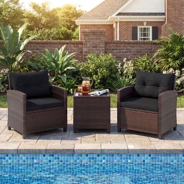 Set Bistrot Esterno 3 Pezzi Rattan e Tavolo Vetro Temperato con Cuscini