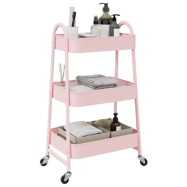 Carrinho de armazenamento 3 níveis rosa 42x41,5x77 cm aço