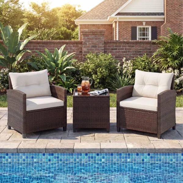 Set Lounge Esterno 3 Pezzi Rattan e Tavolo Vetro Temperato con Cuscini