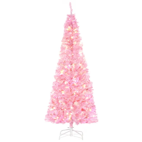 Altezza dell'albero di Natale artificiale 180cm Ignifuge con 618 Branches 300 IP20 LED Lights fogli PVC Apertura automatica Base pieghevole e supporto in metallo Decorazione di Natale per interni rosa
