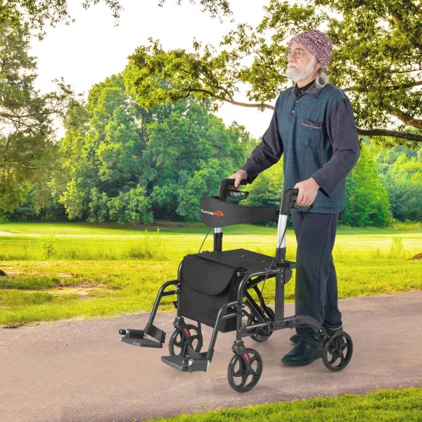 Rollator 2 en 1 Aluminium Réglable Hauteur pour Personnes Âgées Capacité 136 kg