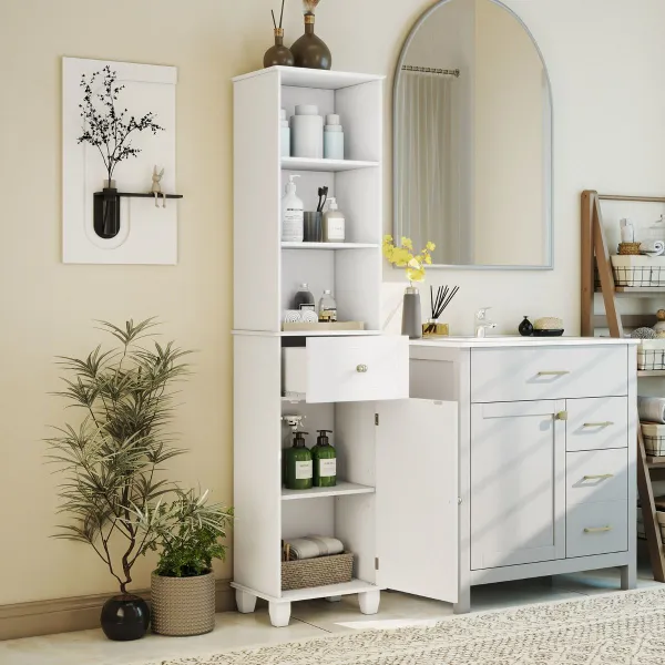 Armario de Baño de 172 cm de Altura Armario Estrecho de Suelo con 3 Estantes Abiertos 1 Cajón 1 Puerta y Estante Ajustable Mueble Blanco