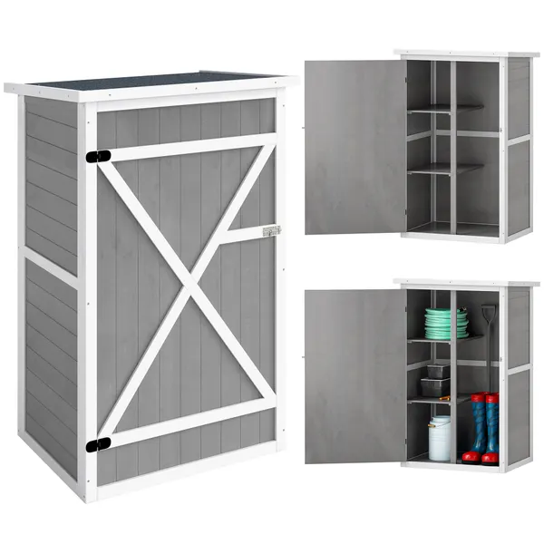 Jardín de Madeira 75x56x115cm Armario de Jardín para Herramientas con 3 Estantes Interiores Puerta con Trava y Teto Asfáltico gris