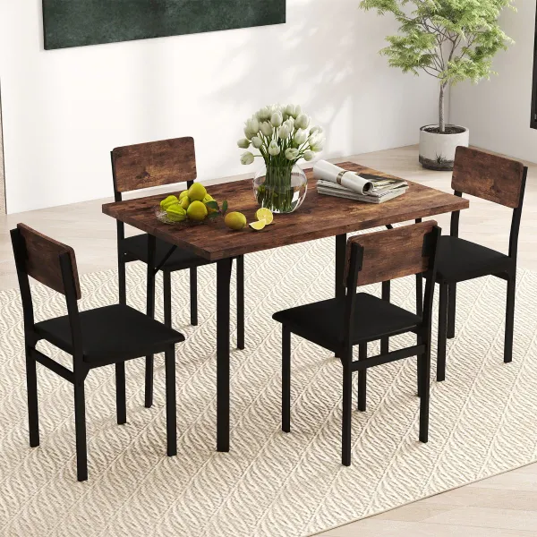 Juego Comedor 5 Piezas Mesa Industrial y 4 Sillas Tapizadas con Patas Metal Café