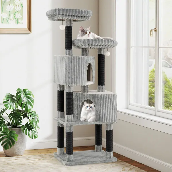 Torre per Gatti Multilivello 156 cm con 2 Condominii, 2 Letti e Pali Tiragraffi