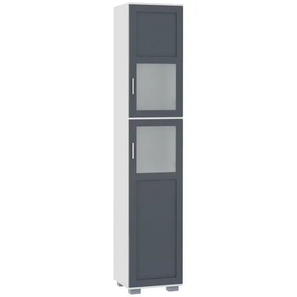 Coluna Casa de Banho Móvel Auxiliar Casa de Banho com 2 Portas com Vidro Temperado e Prateleiras Ajustáveis 37x35x190 cm Branco e Cinza