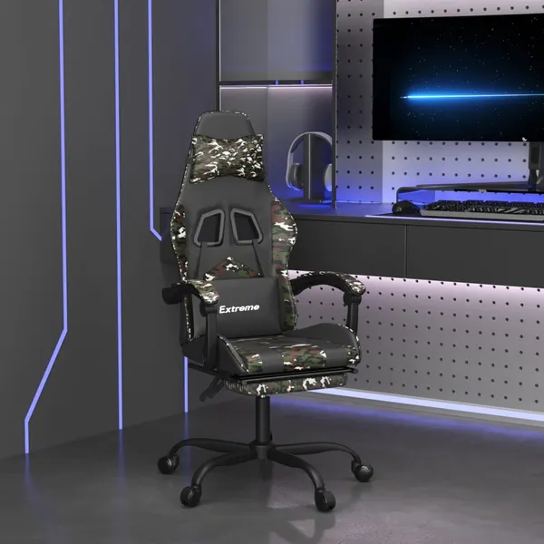 Cadeira gaming giratória + apoio pés couro art. preto/camuflado
