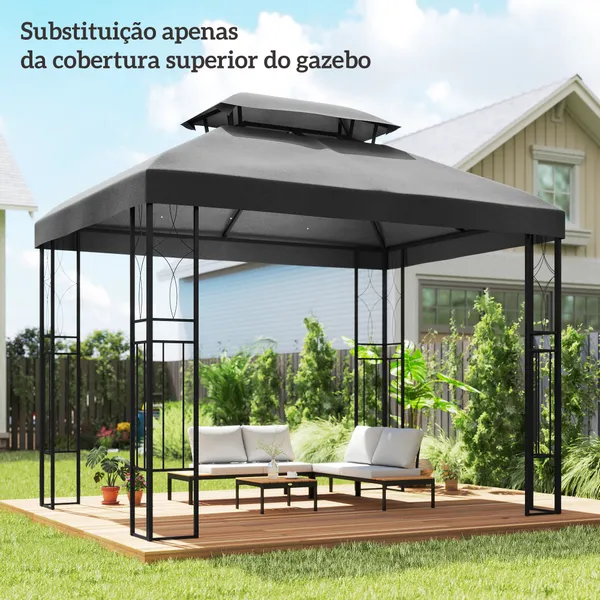 Teto de Reposición para Pérgola 4x3 m Cobertura Sustitución Teto Doble 10 Orifícios Drenaje Protección UV Sólo Teto Cinzento Escuro