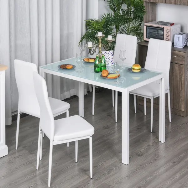 Conjunto de Refeição Mesa e 4 Cadeiras Conjunto de 5 Peças de Móveis de Cozinha Mesa Retangular de Vidro Temperado e Cadeiras Estofadas em PU com Pés de Metal Branco