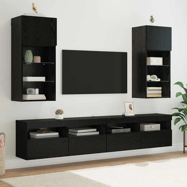Armários de TV Montados na Parede com LED 2 pcs Carvalho Preto