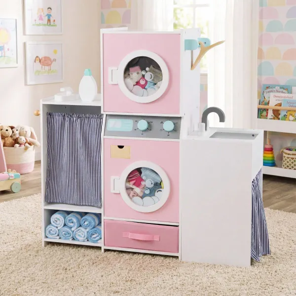Ensemble Blanchisserie Bois Machine à Laver Réaliste Accessoires Repassage Rose Éducatif