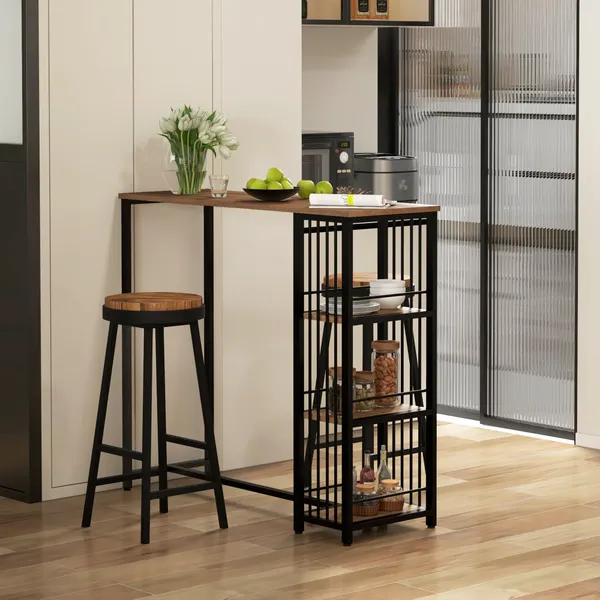 Mesa Alta de Cozinha com 3 Prateleiras Mesa de Bar Retangular para 2 Pessoas Pés de Aço para Sala Sala de Jantar 120x40x105 cm Castanho e Preto