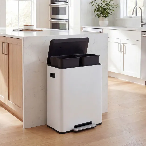 Caixote de Lixo 60L Duplo com 2 Compartimentos, Pedal e Asas Branco