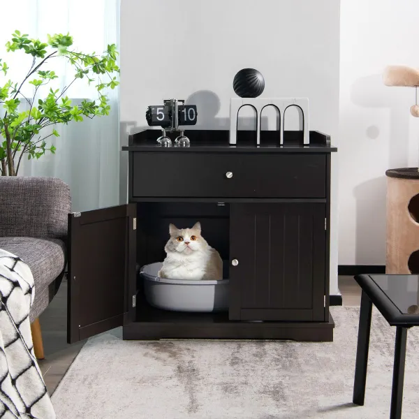 Casa Lettiera per Gatti con Cassetto 2 Porte Comodino 76x53x74cm Marrone