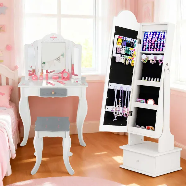 Armário para Joias Infantil com Espelho de Corpo Inteiro e 4 Luzes Sensoriais Estilo Princesa Branco
