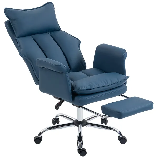 Cadeira de Secretária com Apoio para os Pés Cadeira de Escritório Giratória com Encosto Reclinável e Alto Acolchoado Espesso Estofada em Couro Sintético Suporte Lombar Altura Ajustável Rodas Azul