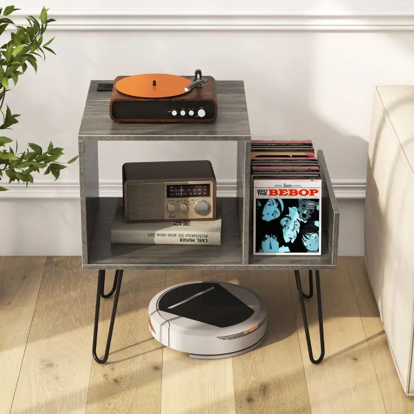 Suporte para Vinil com Tomada e Estante Lateral até 145 Álbuns com Pernas de Metal