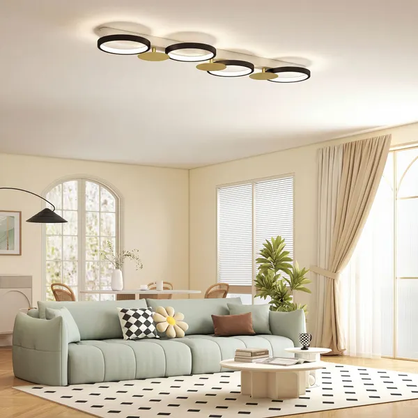 Candeeiro de Teto Regulável com 4 Focos Candeeiro LED de Teto com Controlo Remoto Modos de Cena 1500 lm 38 W, 3000 K-6500 K para Sala de Estar Quarto Escritório 100x31x7 cm Preto e Dourado
