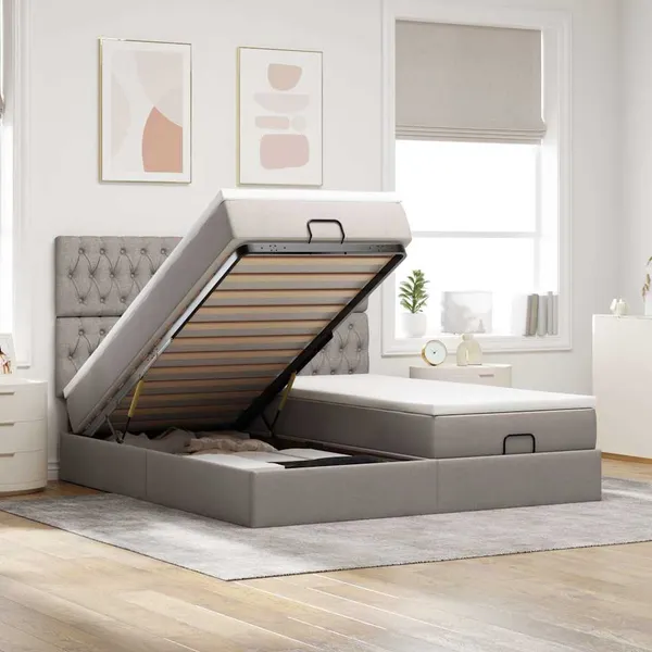 Estrutura de cama otomana com colchões tecido cinzento