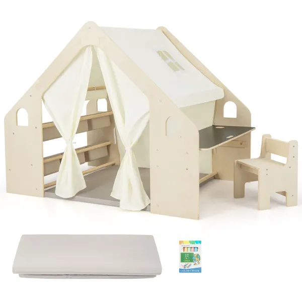 Casa de Juego 6 en 1 Madera con Pizarra Escritorio Silla 6 Canastas Alfombra y Cortinas para Niños 2-6 Años Beige
