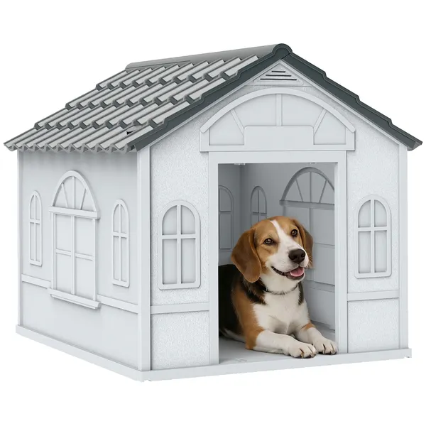 Casa para Cães 65x75,7x63 cm Casa para Cães com Janelas e Teto com Telhas de Imitação para Cães Médios Cinza e Branco