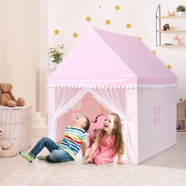 Casa con Forma de Carpa con Espacio Privado para Niños con Estructura de Madera Sólida y Manta de Algodón Rosa 120x105x140cm