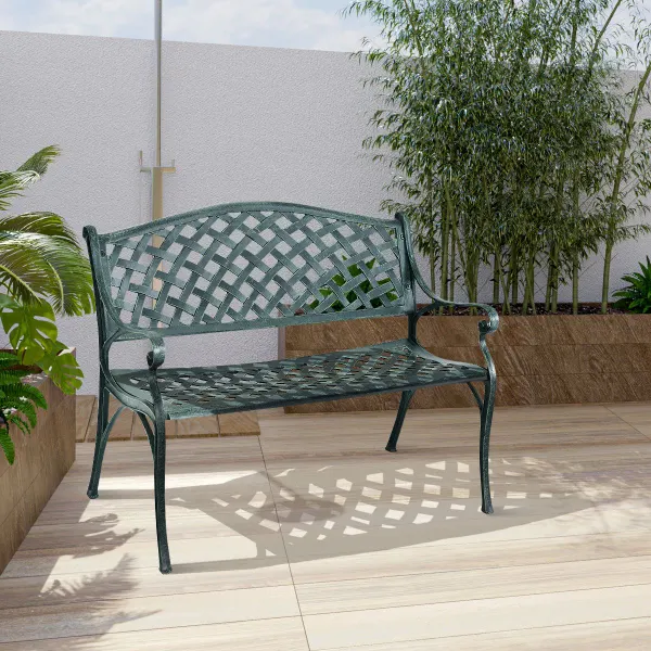 Banco de Jardín en Fundición de Aluminio con Reposabrazos Respaldo Diseño de Rejilla Verde Antiguo