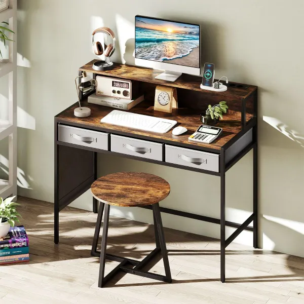 Secretária para Computador com Tomadas Conjunto Penteadeira e Banqueta Suporte Monitor Gavetas Tecido Castanho