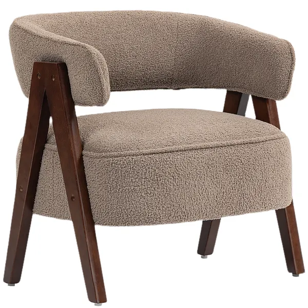 Poltrona de sala de estar Estofada en Borreguito Poltrona de Lectura Almofadada y Moderna Assento Largo Pés de Madeira y Encosto Curvo para Cuarto Oficina 70x64x71 cm Marrom Claro