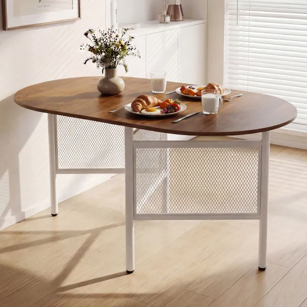 Mesa Comedor Plegable Ovalada Alas Abatibles 6-8 Personas 150cm con Patas Metálicas Estilo Rústico Natural+Blanco
