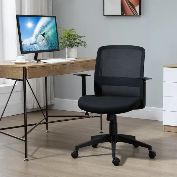 Cadeira de Escritório Cadeira de Escritório Giratória com Altura Ajustável Apoio para os Braços Suporte Lombar Encosto Transpirável e Basculante 58x60x89-99cm Preto