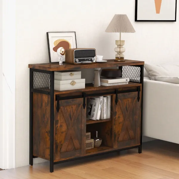 Buffet Rangement Étagères Ajustables 3 Niveaux Portes Coulissantes Style Grange Marron