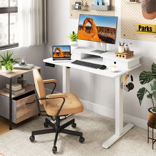 Secretária Elétrica Ajustável 100 x 60 cm com 2 Gavetas e Suporte Monitor