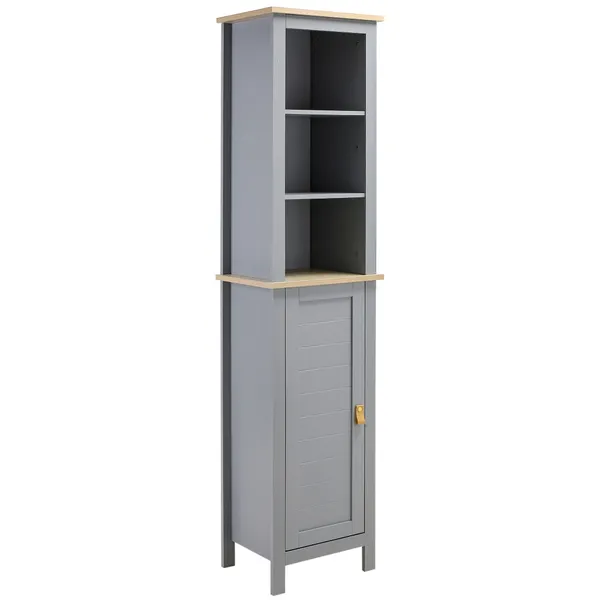 Armadio da bagno mobile con 1 porta ripiano regolabile e 3 scomparti aperti 39x30x168 cm Grigio