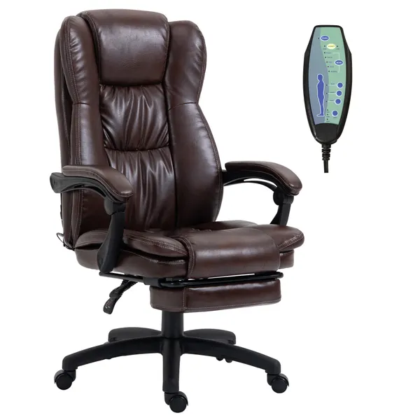 Sedia per ufficio girevole con altezza regolabile 6 punti di massaggio telecomando e supporto per piedi retrattili 68.5x68.5x113-121cm marrone