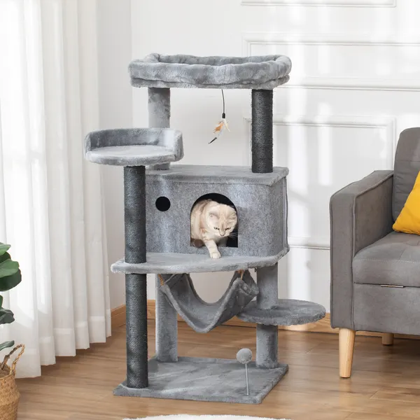 Árvore Arranhadora para Gatos 48x48x107cm com Caverna de Feltro Desmontável Rede Camas de Felpa Múltiplas Plataformas Poste Arranhador de Sisal e Brinquedos Cinza