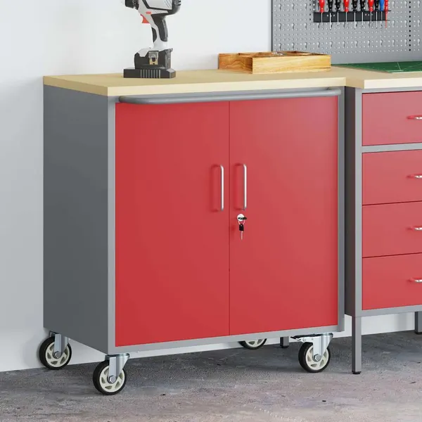 Bancada de Oficina com roda Vermelho e Cinza 75 x 45 x 85 cm