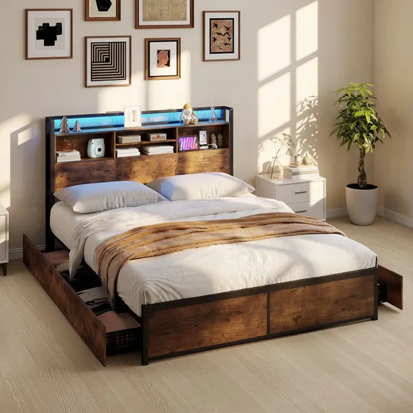 Cama Plataforma Industrial com LED RGB, 4 Gavetas e Cabeceiro de Carga 200x160 cm