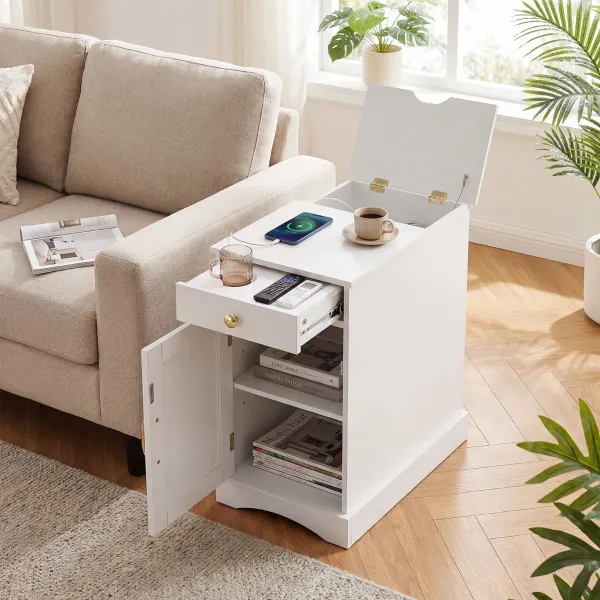 Comodino con Stazione di Ricarica – Mobile Bianco con Cassetto e Armadio Regolabile