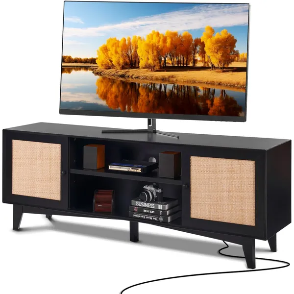 Móvel TV 75 polegadas rattan com portas, negro