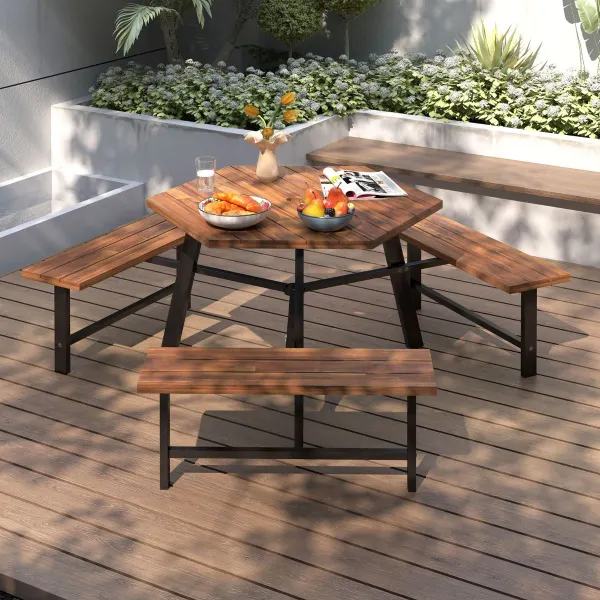 Conjunto de Mesa e Bancos para 6 Pessoas em Madeira de Acácia com Orifício para Sombrinha