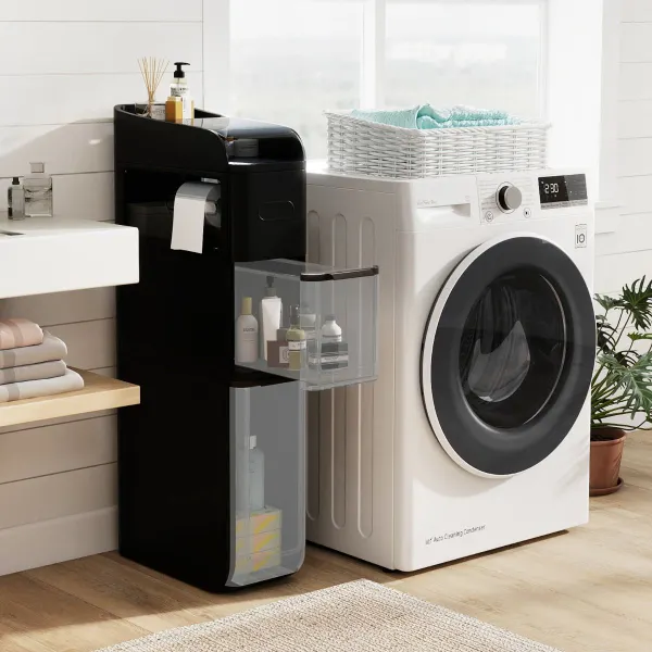 Armario de Baño 4 Niveles Organizador de Suelo Estrecho de 18 cm con 2 Cajones y Caja de Pañuelos Plástico Negro