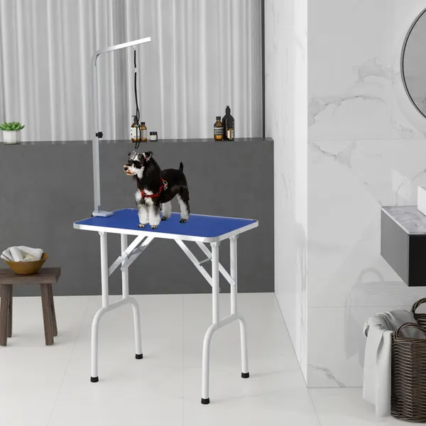 Mesa de Tosquia para Cães Dobrável com Braço Ajustável entre 60-104 cm e Bancada de Borracha Antiderrapante 81x48,5x80 cm Azul